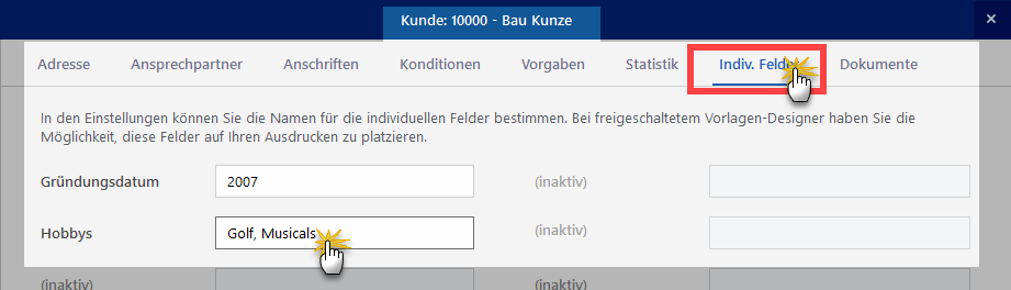 Karteikarte Individuelle Felder