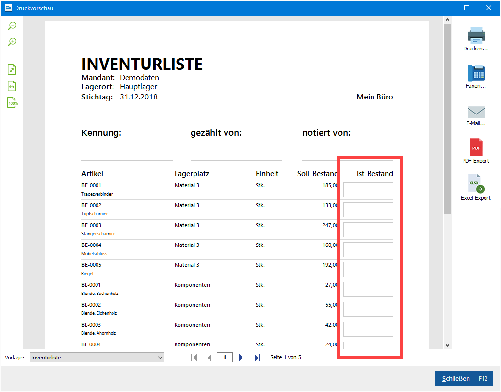 Inventurliste Druckvorschau