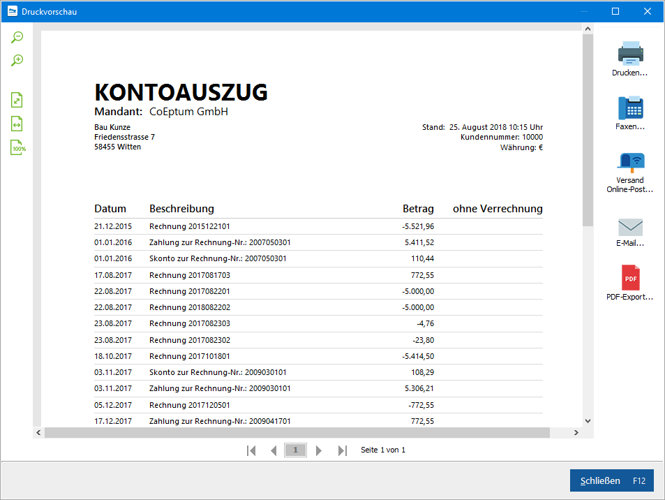 Kontoauszug Druckvorschau