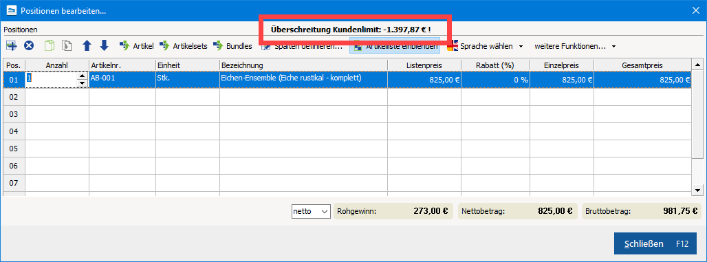 Warnhinweis Kundenlimit