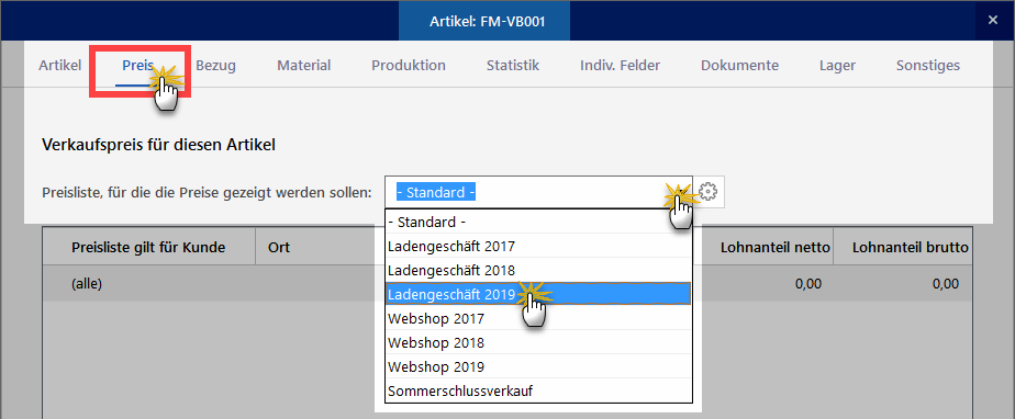 Kleinstamm-Dialog: Preislisten