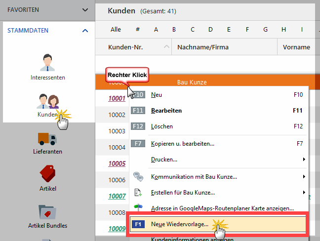 Menüleiste: Neue Wiedervorlage