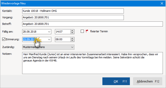 Fenster: Wiedervorlage Neu