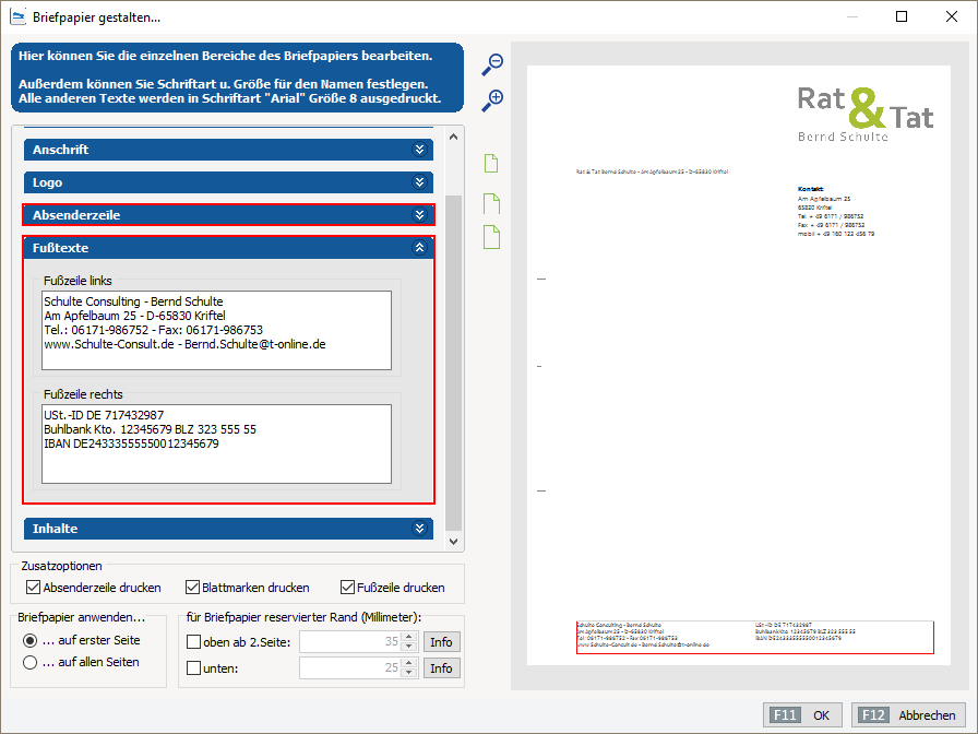 Anpassung der Fuß- und Absenderzeile