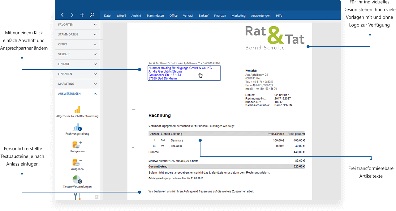 Rechnung schreiben in der Druckansicht mit der Bürosoftware MeinBüro