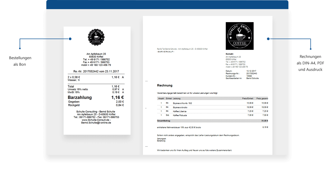 Quittung als Bon oder Rechnung ausdrucken mit MeinBüro und dem Modul Kasse