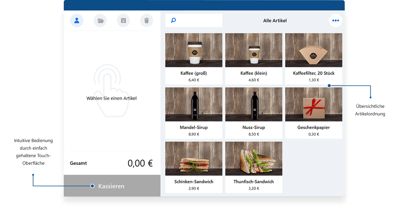 Übersichtliche Oberfläche der Kasse von MeinBüro