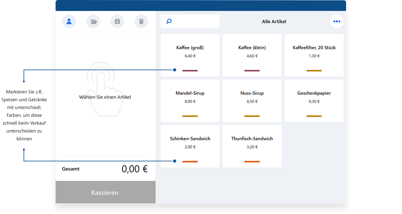 Überscihtliche Kassenoberfläche durch verschiedene Farben mit MeinBüro und dem Modul Kasse