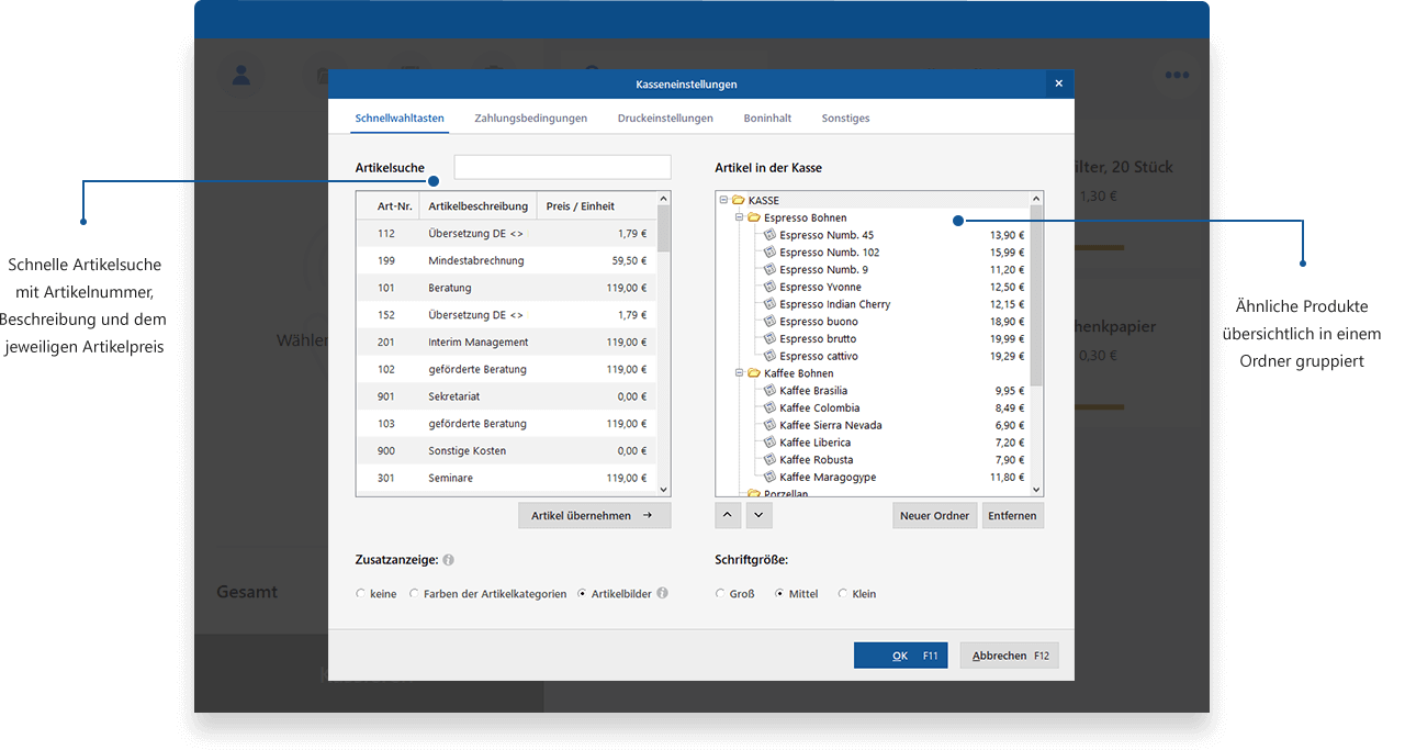 Artikel übersichtlich anordnen mit MeinBüro und dem Modul Kasse