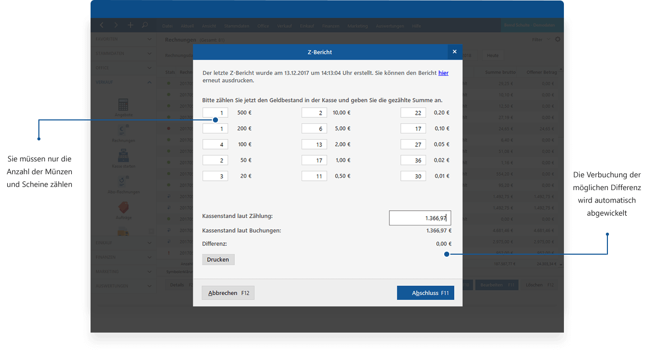 Schneller Kassenabschluss durch Zählhilfe und Zählprotokoll mit MeinBüro und dem Modul Kasse