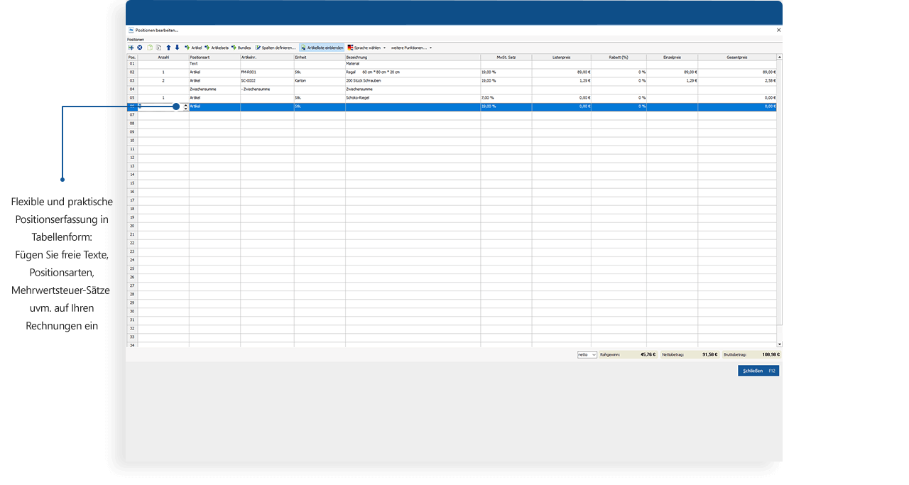 Postitionserfassung in der Tabelle