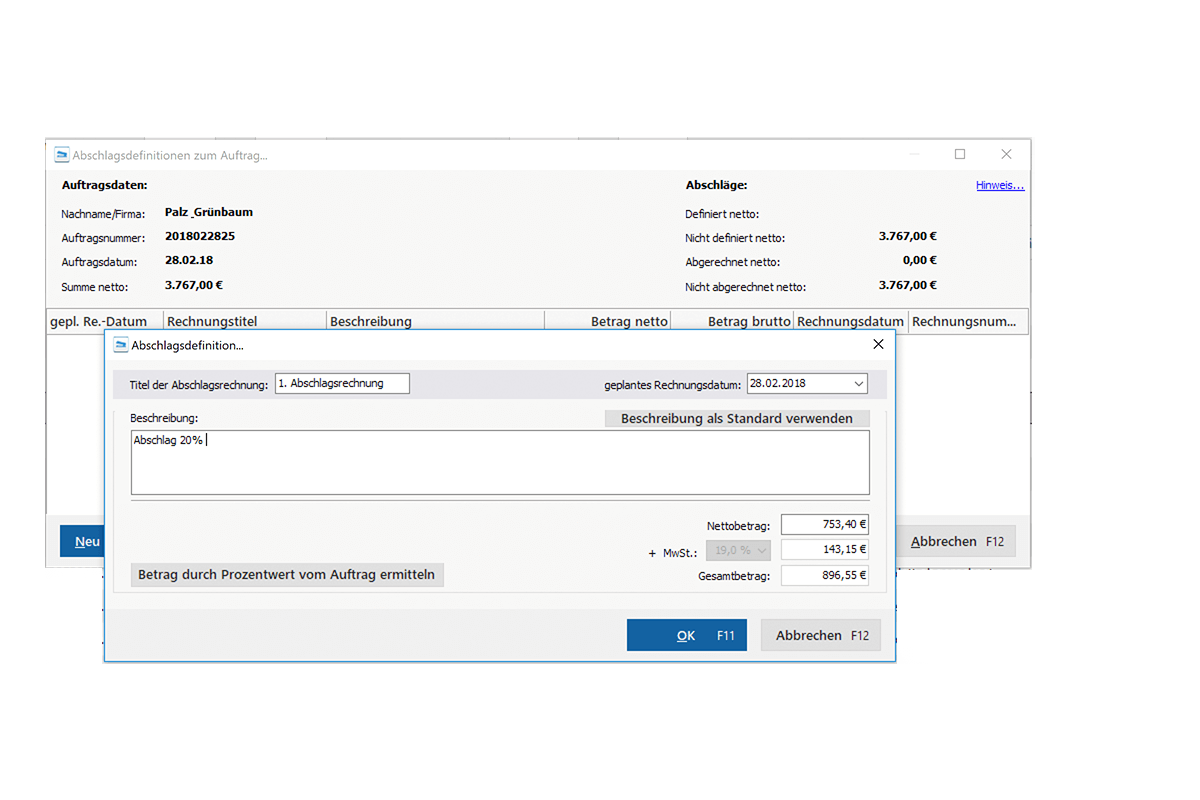 Abschlagsrechnungen erzeugen mit MeinBüro und dem Modul Auftrag+