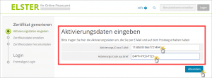 Elster Zertifizierung Aktivierungsdaten eingeben