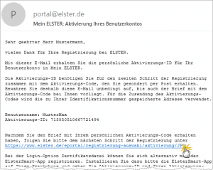 Elster Kontoaktivierungs-Bestätigung