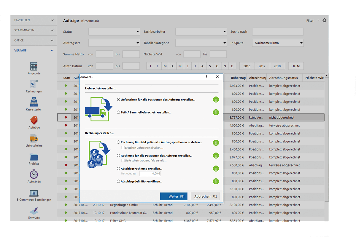 Lieferscheine und Rechnungen aus einem Auftrag heraus generieren - mit MeinBüro und dem Modul Auftrag+