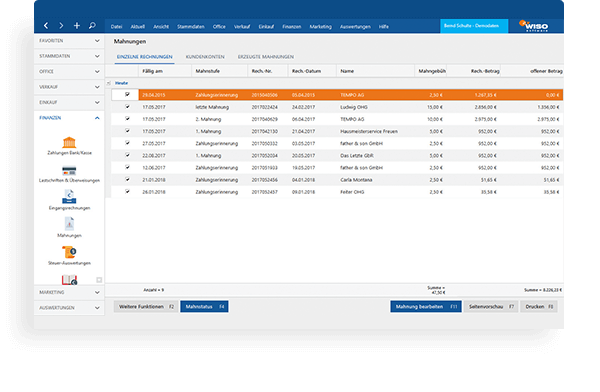 Mahnungsübersicht in WISO MeinBüro