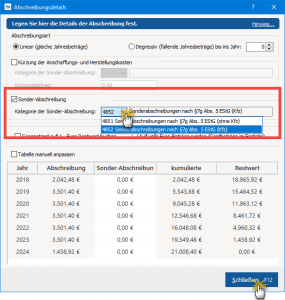 Abschreibungsdetails Sonderabschreibung