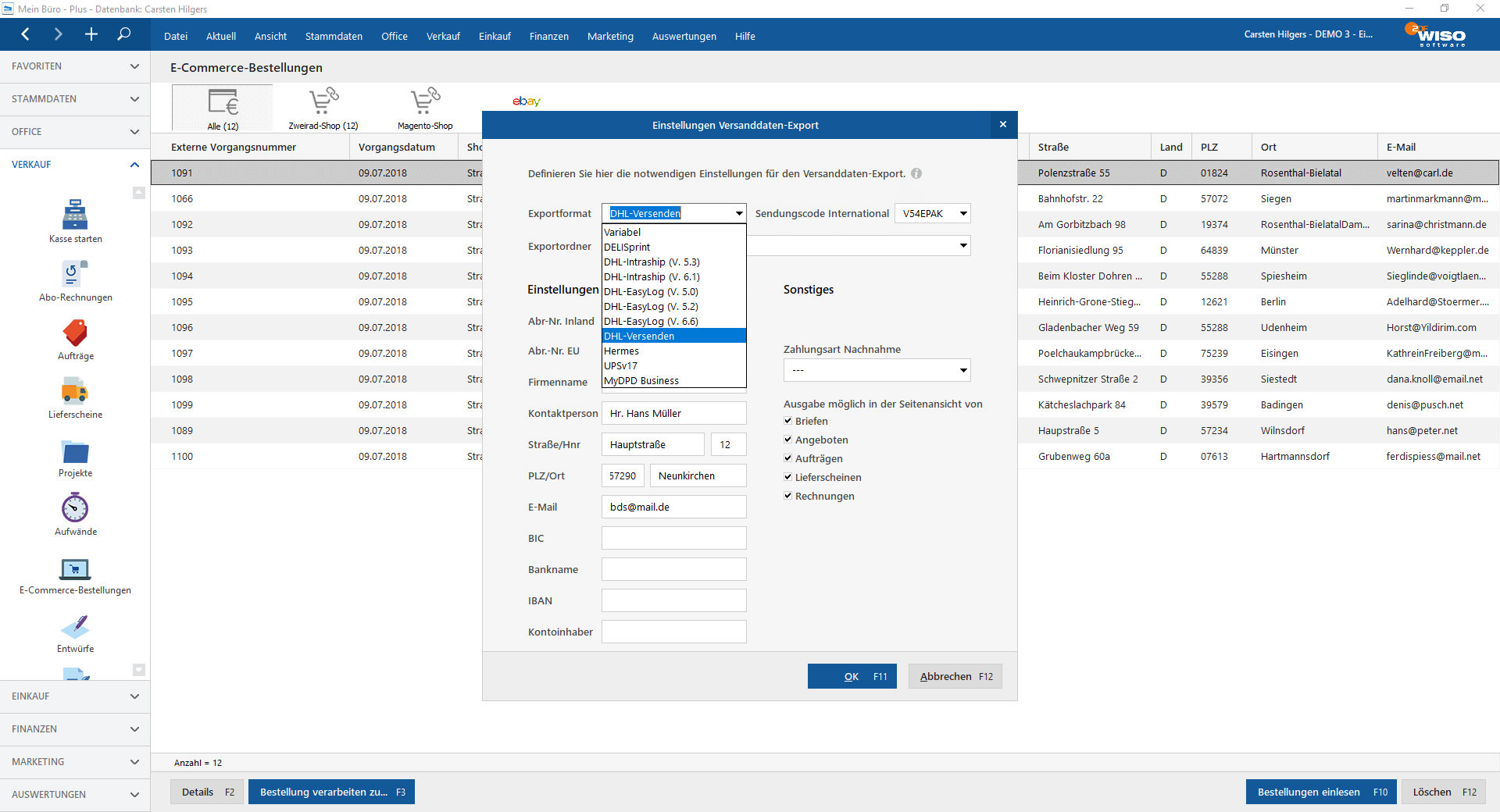 Einfacher Versanddaten Export | Bürosoftware MeinBüro