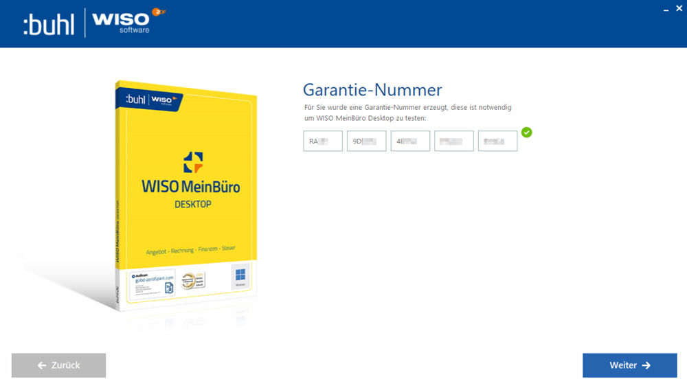 Für Sie wurde eine Garantie-Nummer erzeugt, diese ist notwendig um WISO MeinBüro Desktop zu testen und nutzen.