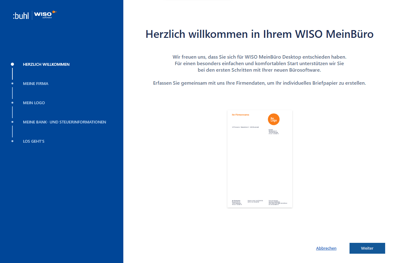 Begrüßungs-Screen in WISO MeinBüro Desktop