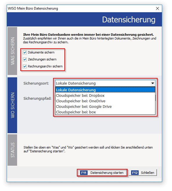 MeinBüro-Datenexport auf Cloudspeicher