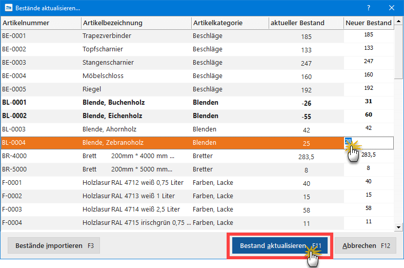 Bestände aktualisieren F7