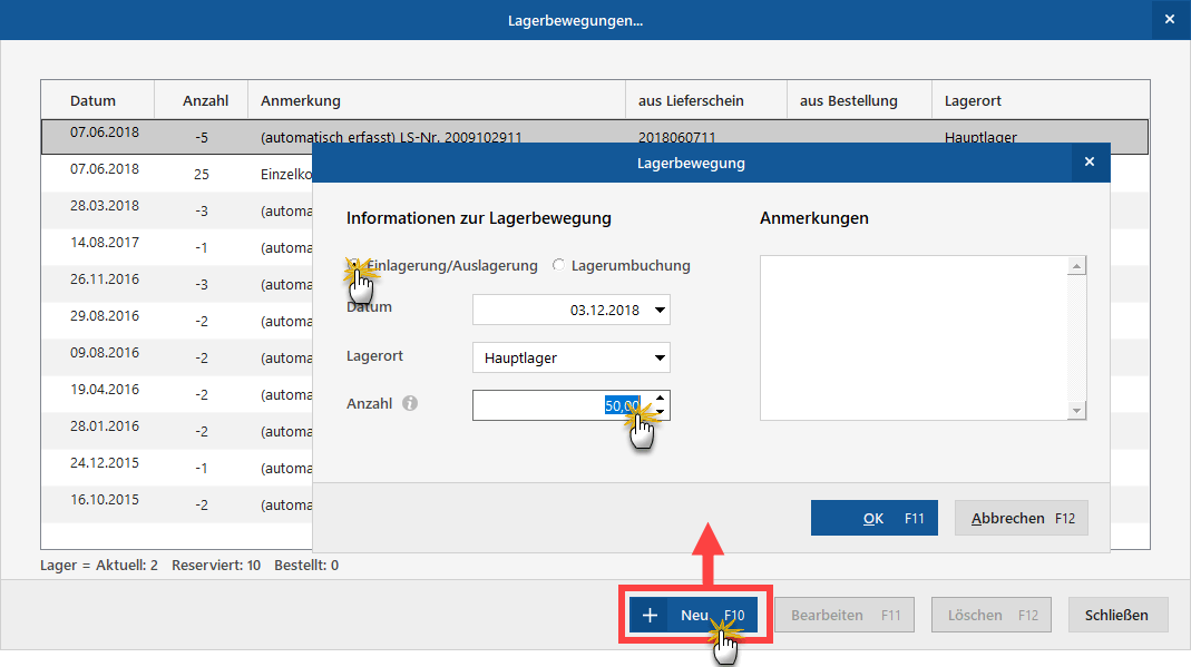 Eingabedialog Lagerbewegungen