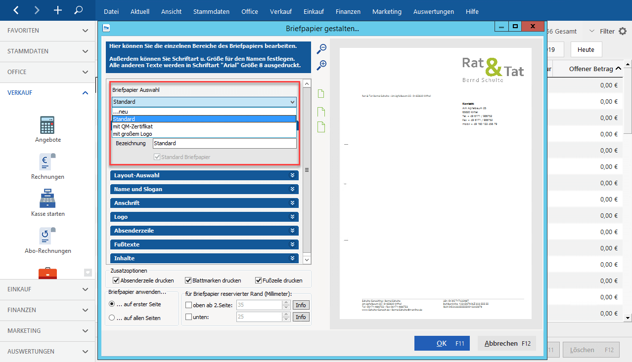 MeinBüro Mehrere Briefpapiere nutzen