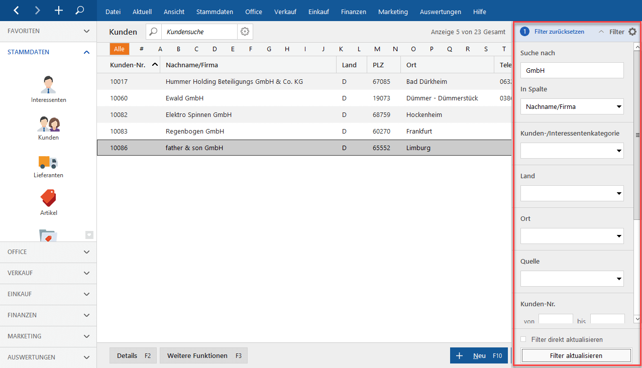 MeinBüro Optimierte Filterfunktion