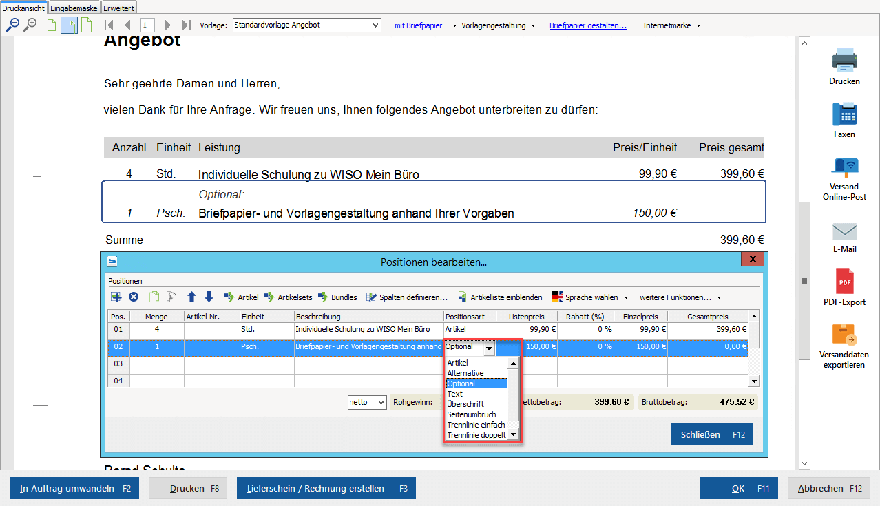 MeinBüro Optionale Positionen in Angeboten