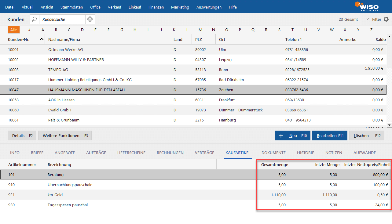 MeinBüro Preise vergangener Bestellungen einsehen