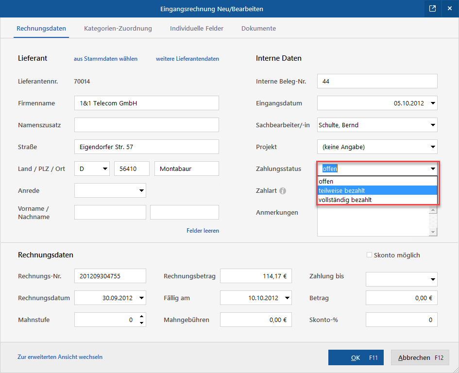 Eingangsrechnungen direkt auf „teilweise bezahlt“ setzen