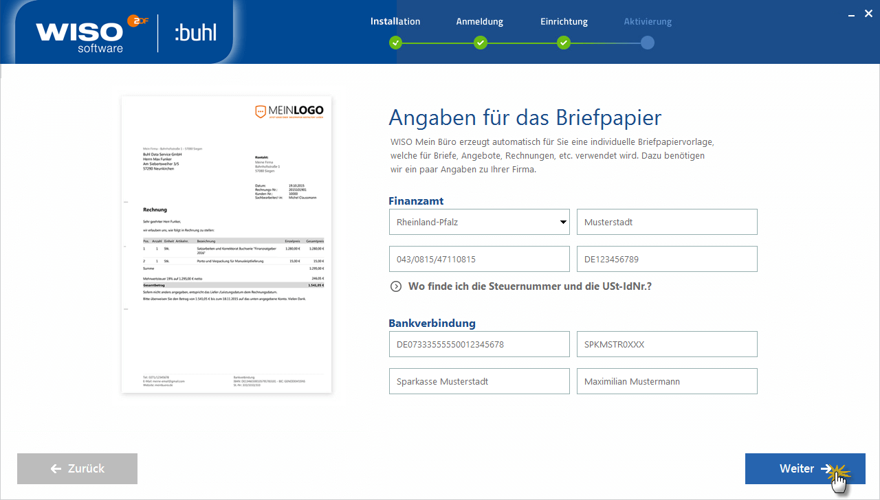 Briefpapier Daten angeben