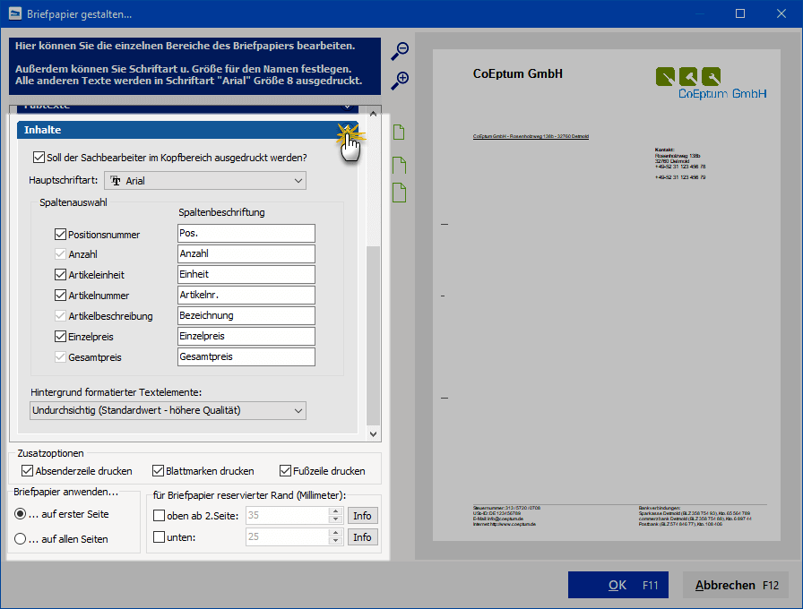 Briefpapier gestalten mit Sachbearbeiter