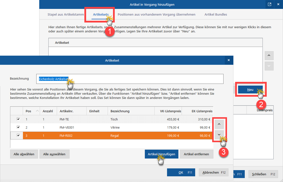 Artikelsets einfügen