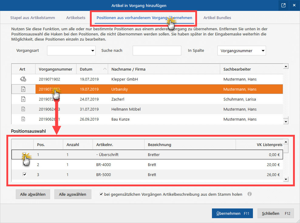 Position aus vorhandenem Vorgang übernehmen