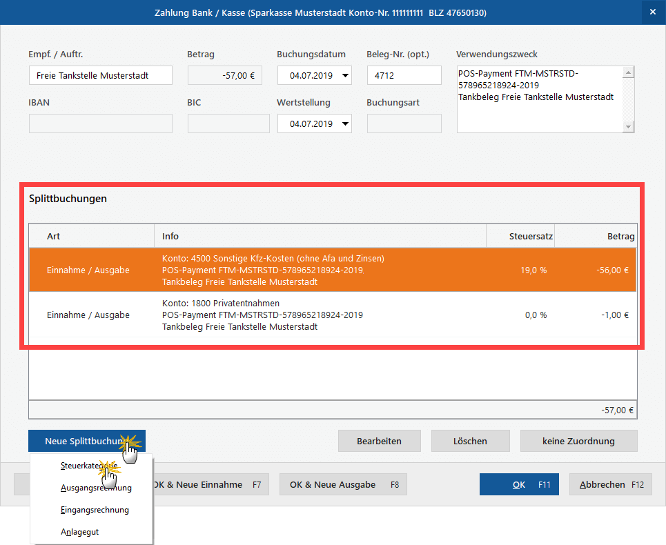 Splittbuchungen anlegen