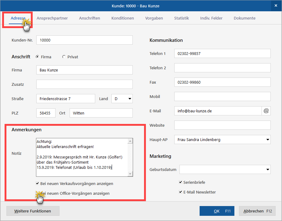 Notiz und Anmerkungsfelder