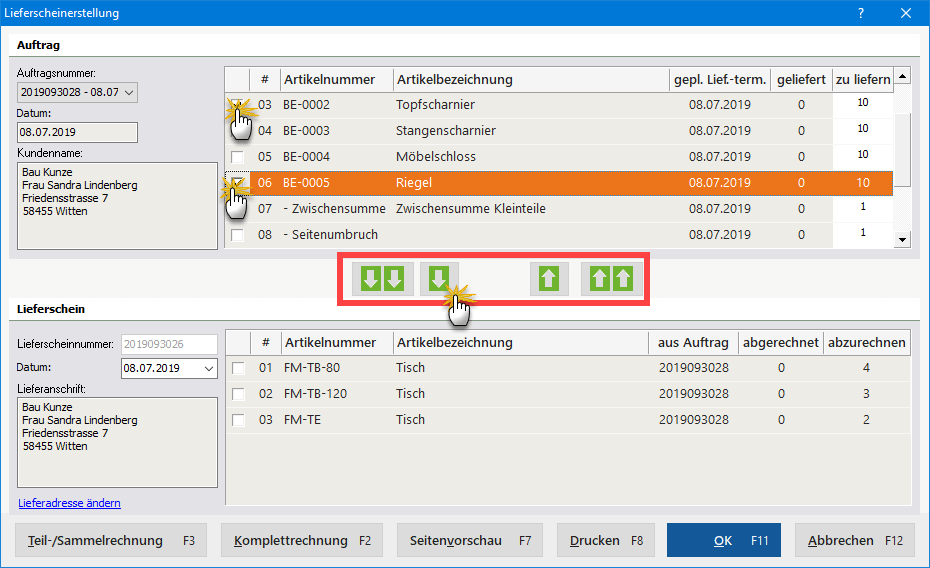 Lieferschein Positions-Auswahl