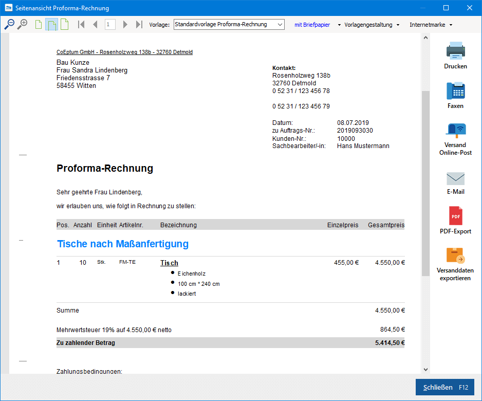 Proforma-Rechnungen bearbeiten