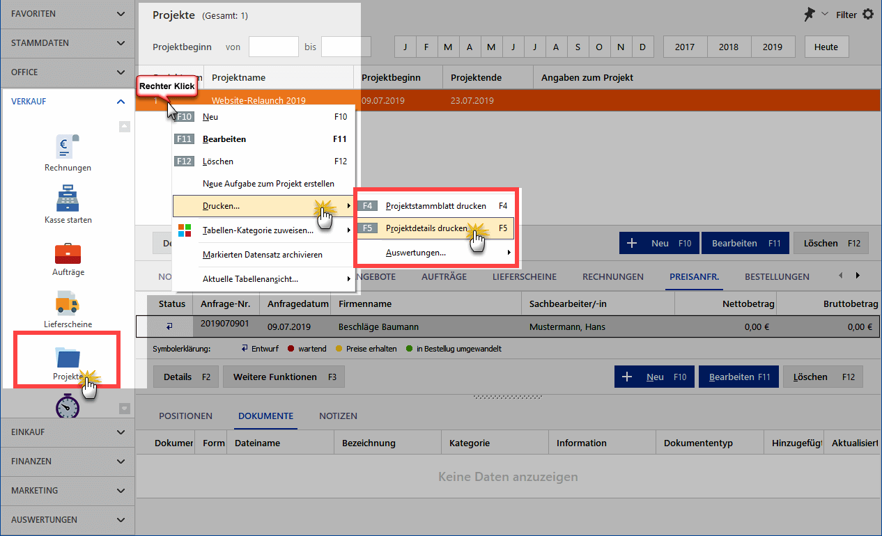 Projektdetails drucken
