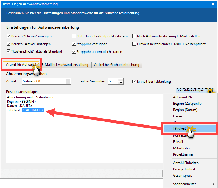 Tätigkeitsvarialble einfügen