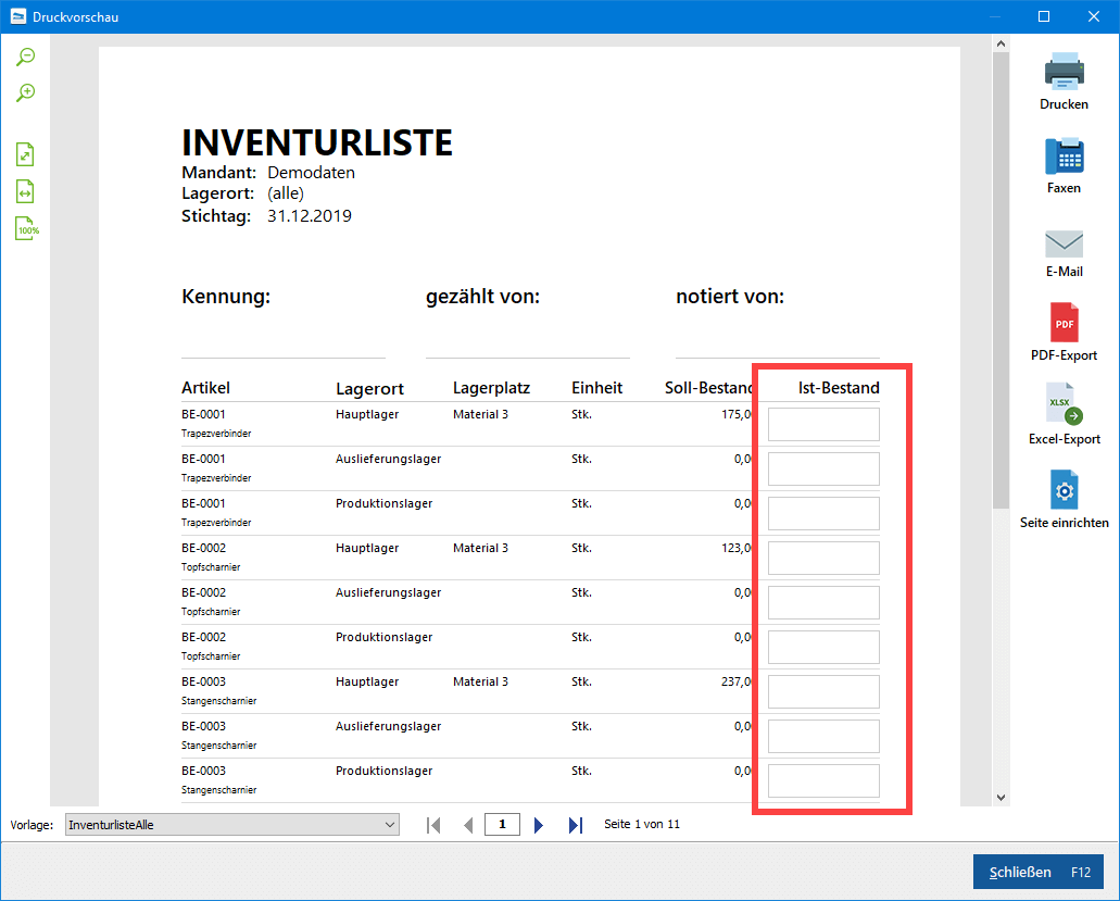 Inventurliste Druckvorschau