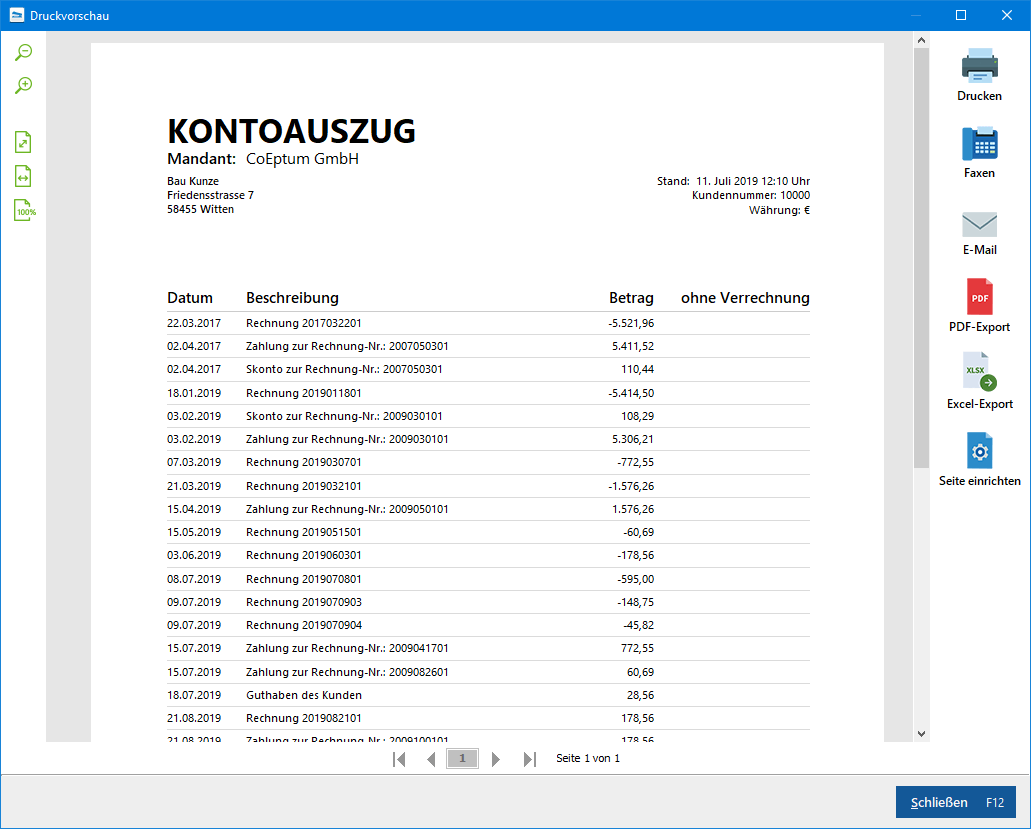 Kontoauszug Druckvorschau