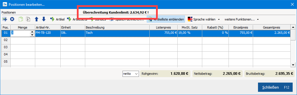 Warnhinweis Kundenlimit