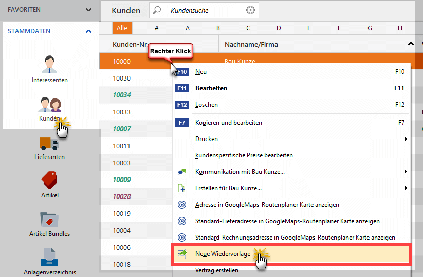 Menüleiste: Neue Wiedervorlage