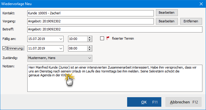 Fenster: Wiedervorlage Neu