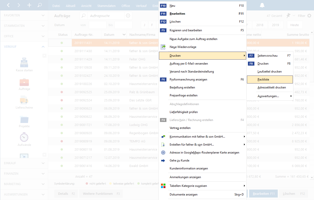 Packlisten für Aufträge