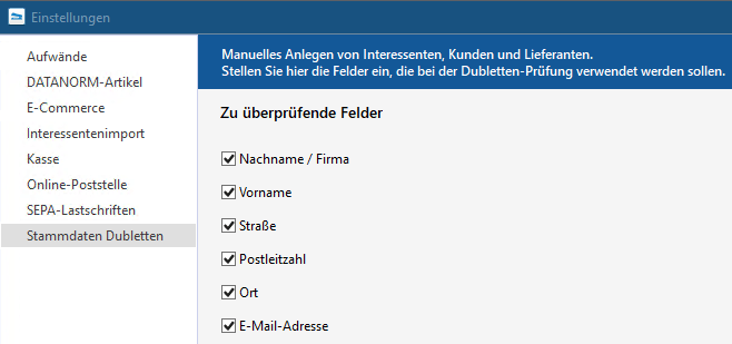 MeinBüro Dublettenprüfung beim manuellen Anlegen von Stammdaten