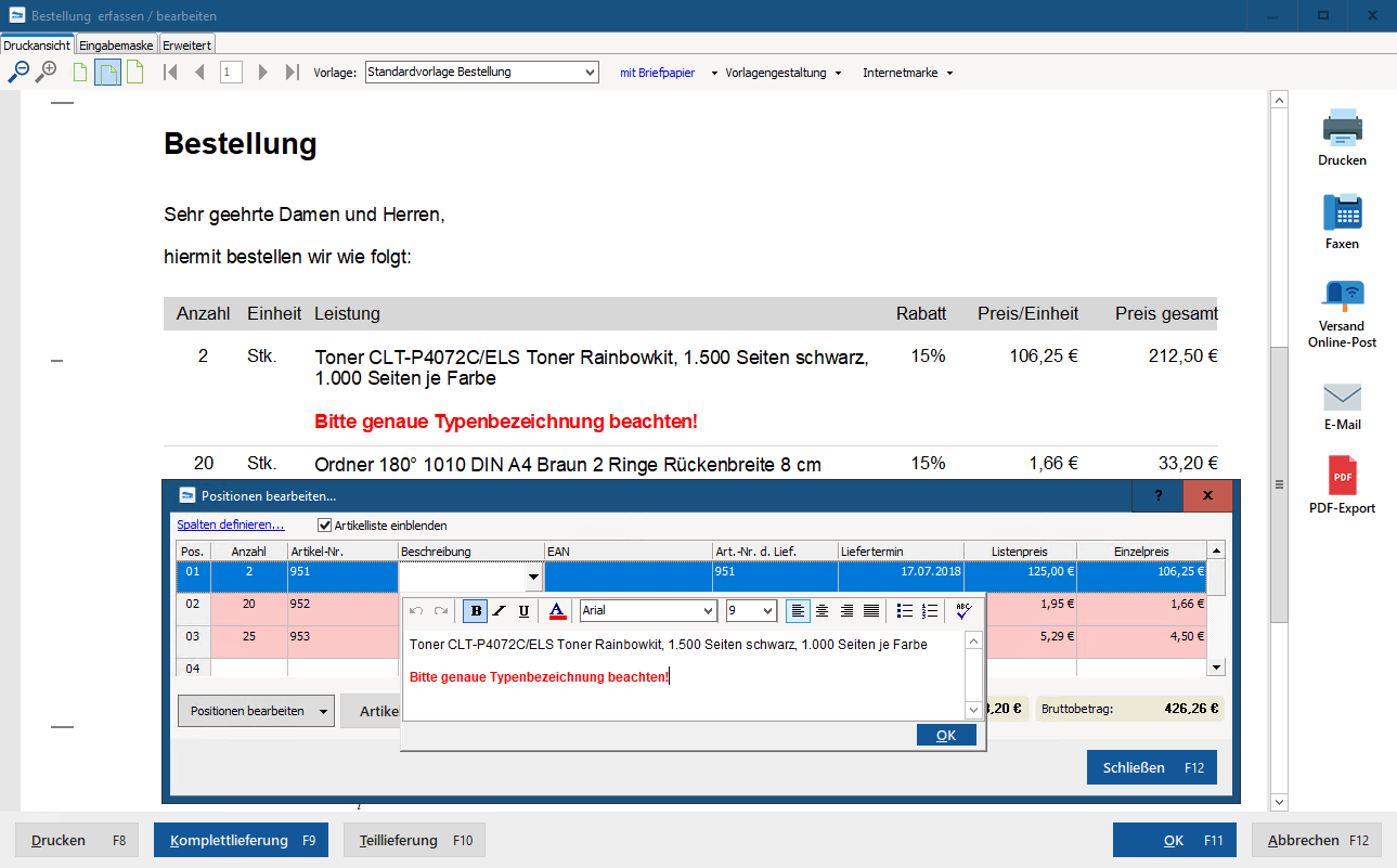 MeinBüro RTF-Formatierung bei Bestellungen nutzen